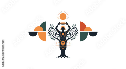 Abstract Human Tree of Life with Sun and Geometric Shapes - Spiritual Concept