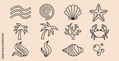 Set of simple line icons depicting marine life and ocean elements including waves spiral shell starfish palm tree coral crab and seaweed symbols on light background vector