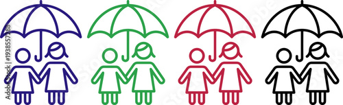 Couple under umbrella concept protection safety and togetherness in four colors representing relationship care