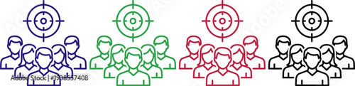 Diverse group of people targeted with colorful aiming goals for business strategy teamwork and collaboration