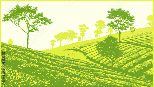 A green landscape with trees on a hillside Vector