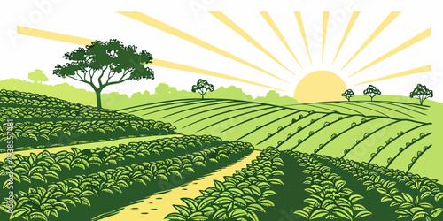 A serene landscape of a green field with a tree and a sun Vector