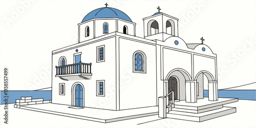 A white building with blue domes and doors Vector