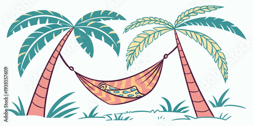 A hammock is hanging between two palm trees on a sunny day Vector
