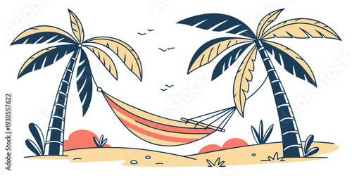 A hammock on a beach between two palm trees Vector