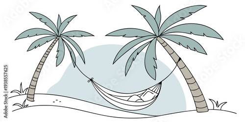 A hammock between two palm trees on a beach Vector