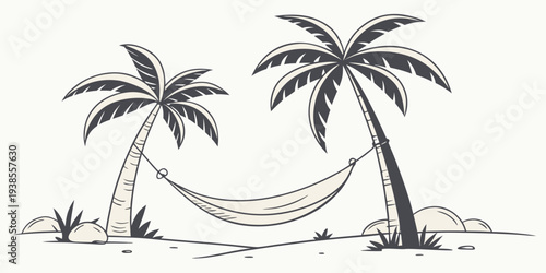 A hammock between two palm trees on a beach Vector
