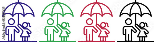 Family under umbrella, depicting protection and security during bad weather or difficult times