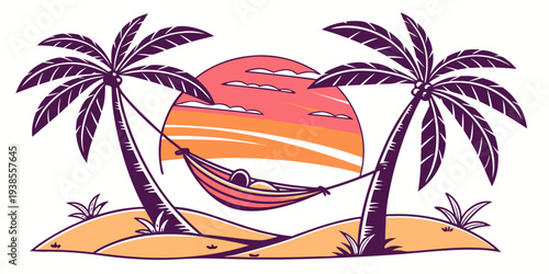 A beach scene with palm trees and a sunset Vector