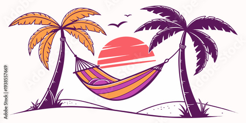 A hammock between two palm trees at sunset Vector