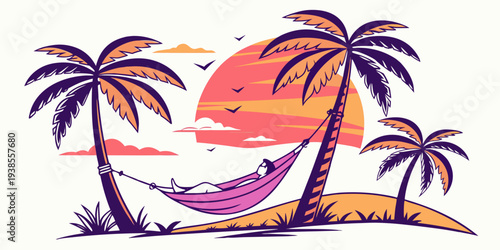 A hammock on a beach with palm trees at sunset Vector