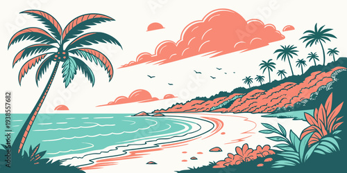 A tropical beach scene with a palm tree and sandy shore Vector