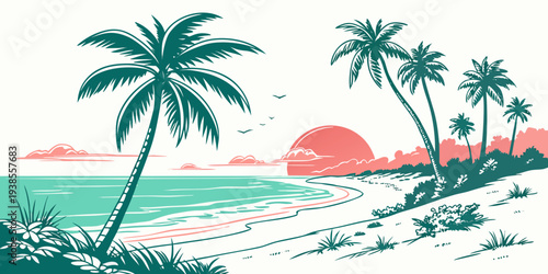 A beach scene with palm trees and a sunset Vector