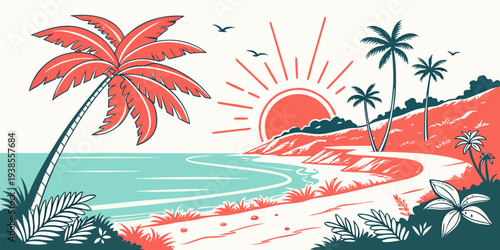 A colorful tropical beach scene with palm trees Vector