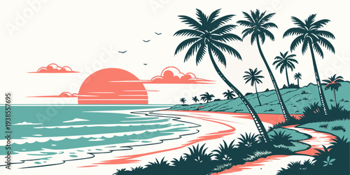 A serene tropical beach scene at sunset Vector
