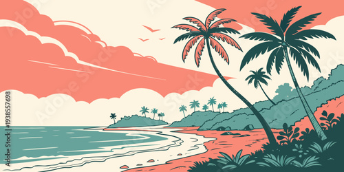 A serene tropical beach scene with palm trees Vector