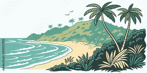 A serene beach scene with palm trees and a hill Vector