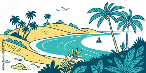 A serene tropical beach scene with palm trees Vector