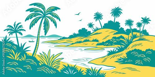 A tropical landscape with palm trees and a body of water Vector