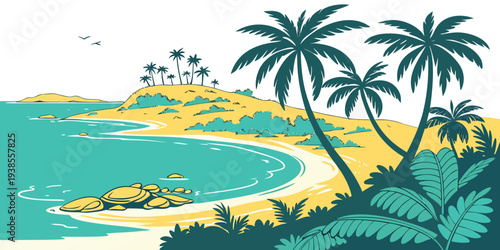 A tropical island with palm trees and a sandy beach Vector