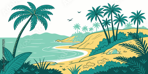 A serene tropical beach with palm trees and a sandy shore Vector