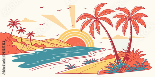 A colorful tropical island scene with palm trees and a sunset Vector