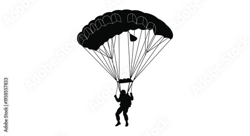 A dramatic black depiction showcases a skydiver descending with a fully deployed parachute a striking silhouette high quality professional