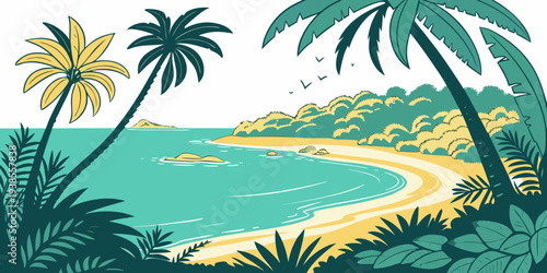 A serene tropical beach with palm trees and calm waters Vector
