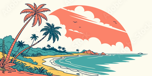 A colorful beach scene with palm trees and a sunset Vector