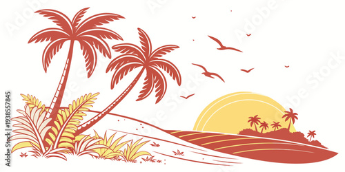A serene beach scene with palm trees at sunset Vector