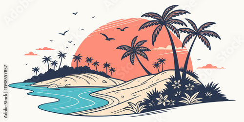 A serene tropical island with palm trees at sunset Vector