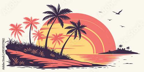 A tropical island with palm trees and a sunset Vector