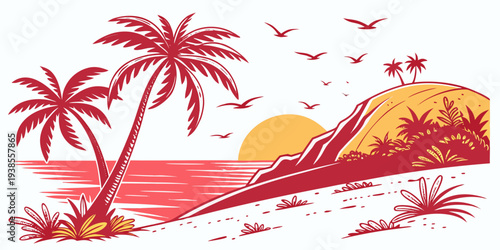 A red and yellow pixel art image of a tropical beach at sunset Vector