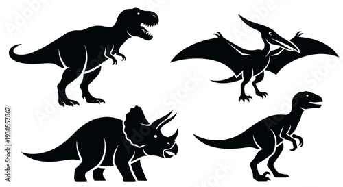 Dinosaur Silhouettes Set: T-Rex, Triceratops, Pterodactyl, Velociraptor Prehistoric Animal Collection
