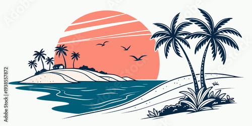 A tropical island scene with palm trees at sunset Vector