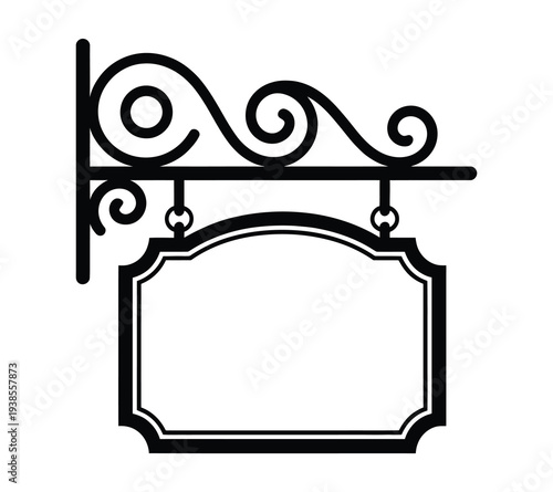 Fotografie Ornate wrought iron scrolled bracket, with sign shape vector illustration featuring decorative metal scrollwork, hanging design, and vintage style perfect for shops, cafes, restaurants