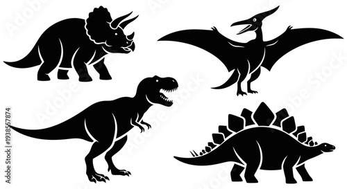 Dinosaur silhouettes set. Prehistoric animal icons. T-Rex, Triceratops, Stegosaurus, Pterodactyl.