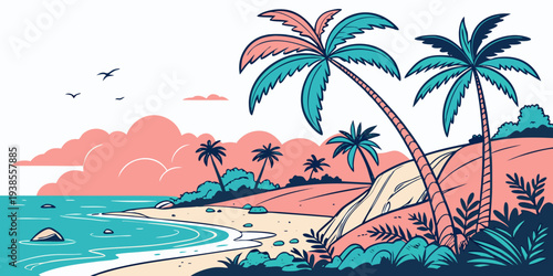 A serene beach scene with palm trees and a pink sky Vector