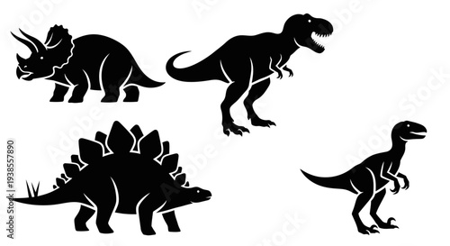 Dinosaur silhouettes set: Triceratops, T-Rex, Stegosaurus, Velociraptor on white background