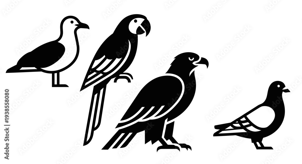 Obraz premium Diverse Bird Silhouettes Collection: Seagull, Parrot, Eagle, and Pigeon Icons