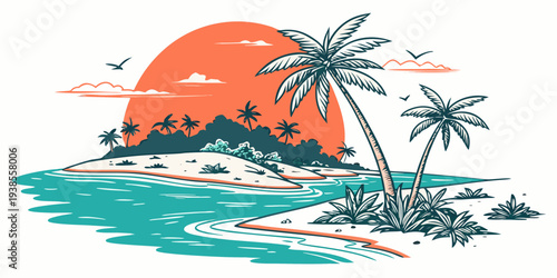 A serene tropical island at sunset with palm trees Vector