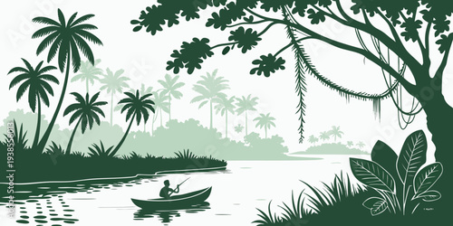 A serene jungle scene with a river and a boat Vector