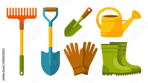 Gardening tools and accessories on a white background including rake shovel trowel watering can gloves and boots for planting and maintenance