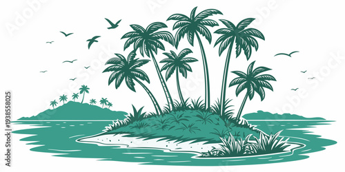 A small island with palm trees and birds flying overhead Vector