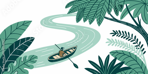 A person kayaking down a river surrounded by lush greenery Vector