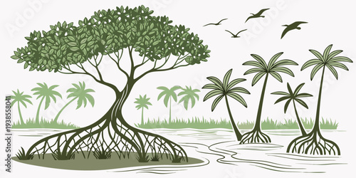 Tropical landscape with tree and palm trees Vector