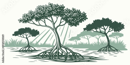 A serene landscape with trees on a small island Vector