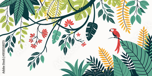 A colorful jungle scene with a rooster and lush greenery Vector