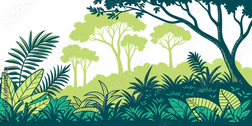 A serene forest landscape with lush greenery and trees Vector