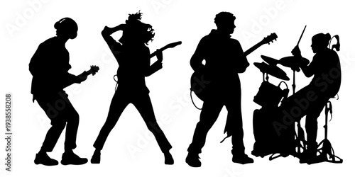 Silhouettes of a rock band performing music, isolated on transparent background, capturing energetic lifestyle.